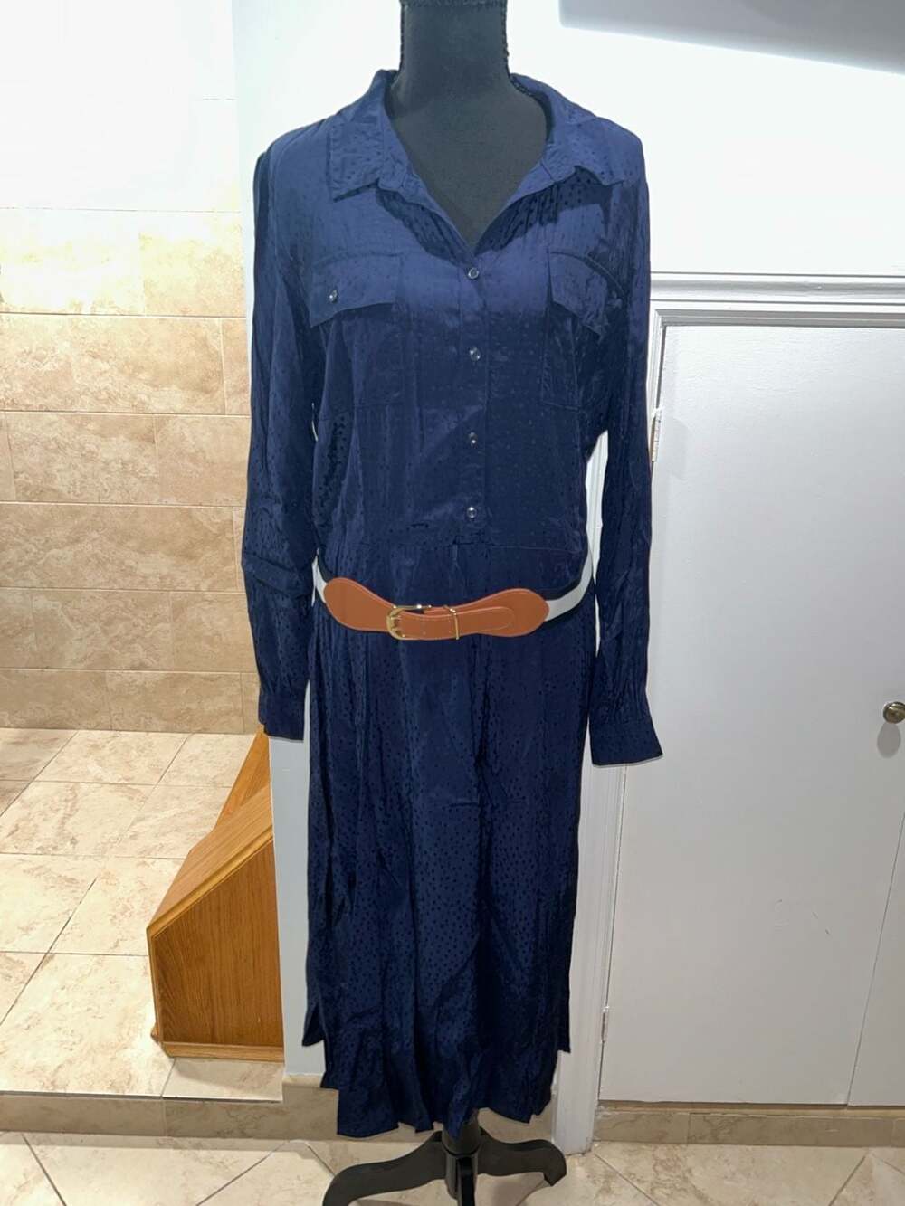 Charter Club Women's Navy Blue Long Sleeve Button-Down Shirt Dress with Belt